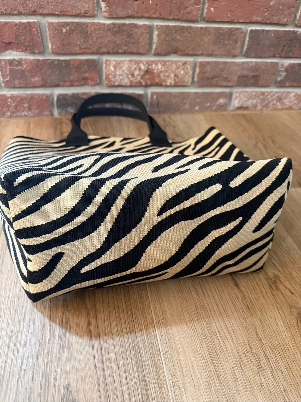 Joy Mangano Black Cream Zebra Knit Tote Bag Large Shopper NWOT